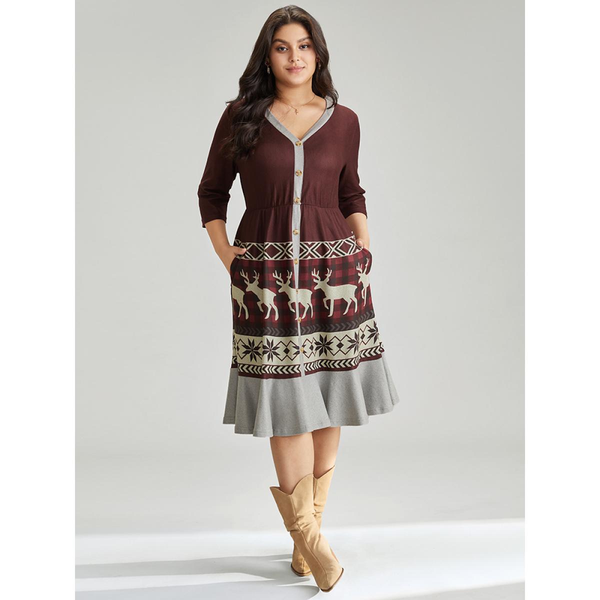 Plus Size Christmas Elk Elastic Waist Patchwork Button Detail Dress Scarlet Women Casual Printed V-neck Elbow-length sleeve Curvy Midi Dress BloomChic 26/4X Product Image