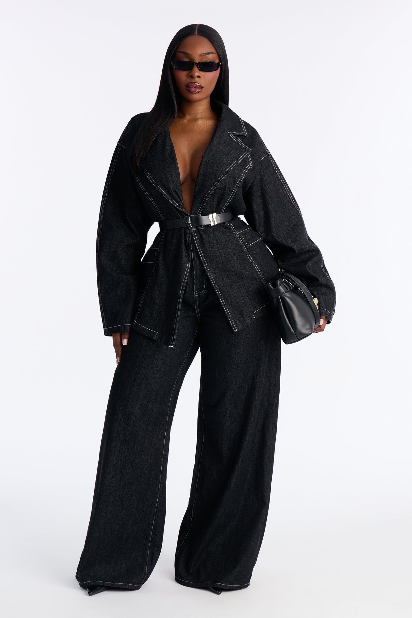 Power Stitched Belted Denim Pant Set - Dark Denim Female Product Image