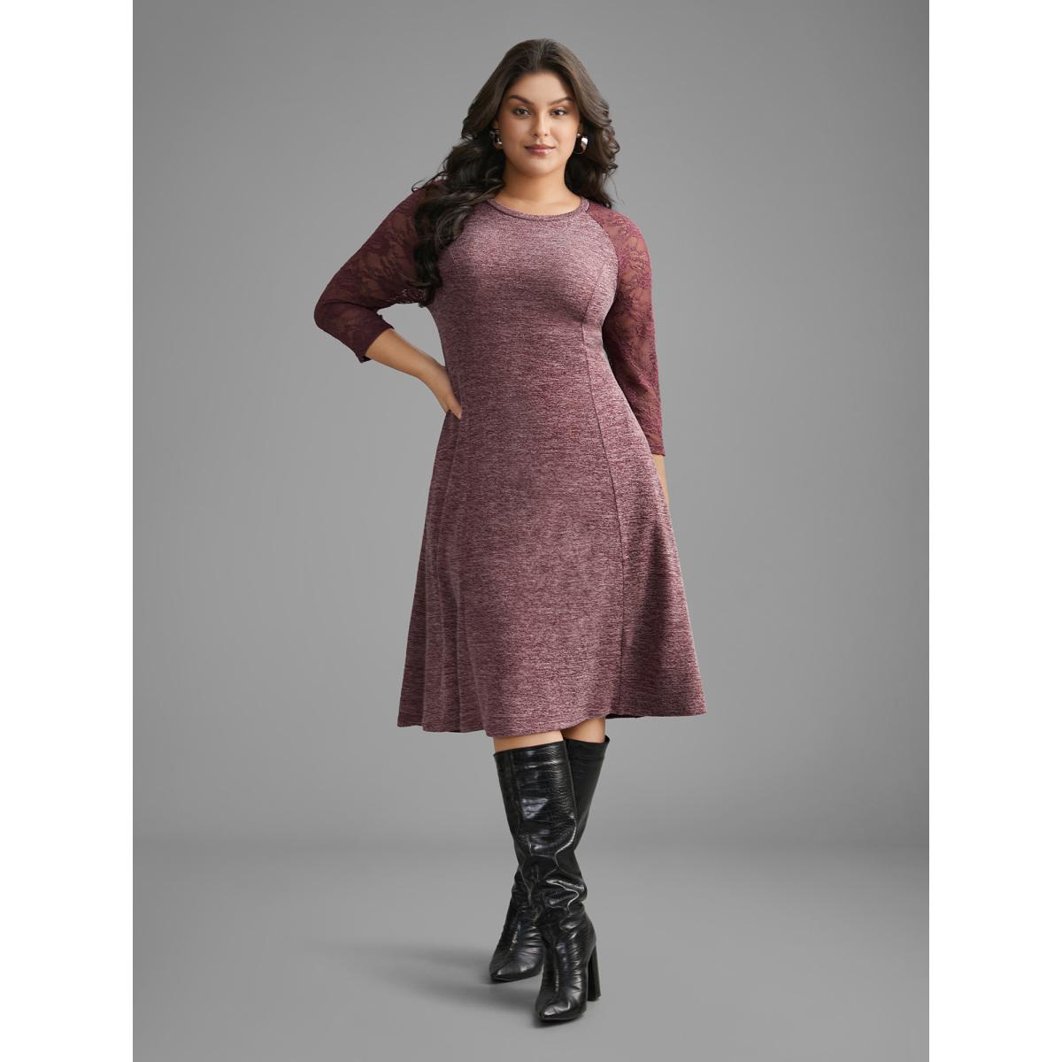 Plus Size Heather Lace Patchwork Mesh Midi Dress Burgundy Women Elegant Woven ribbon&lace trim Round Neck Elbow-length sleeve Curvy BloomChic 18-20/2X Product Image