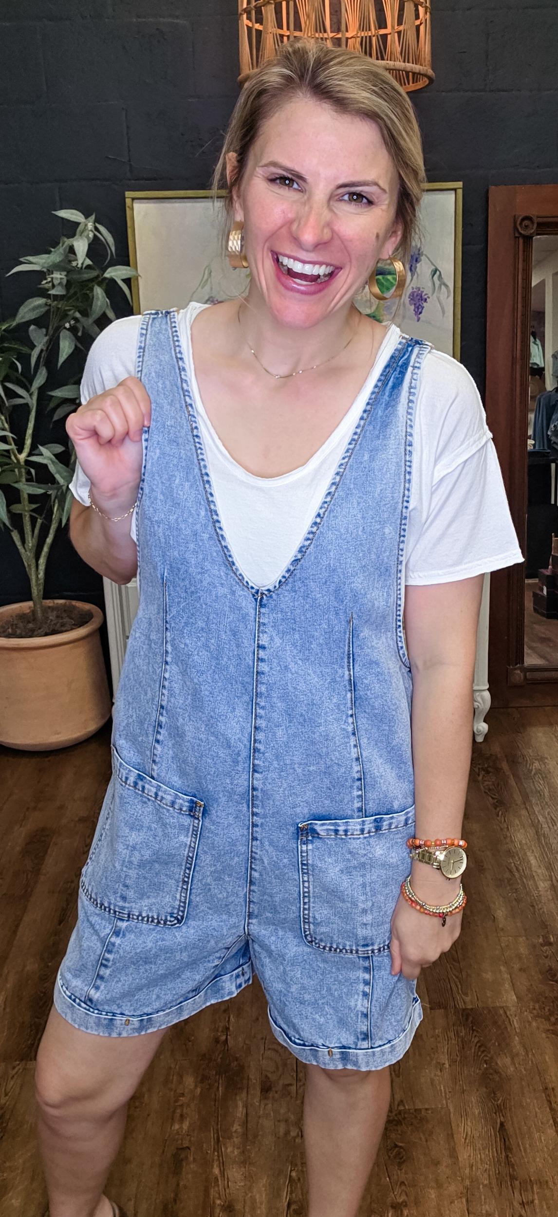 Victoria Ann Vintage Washed Denim Short Overalls (Small to Large) Product Image