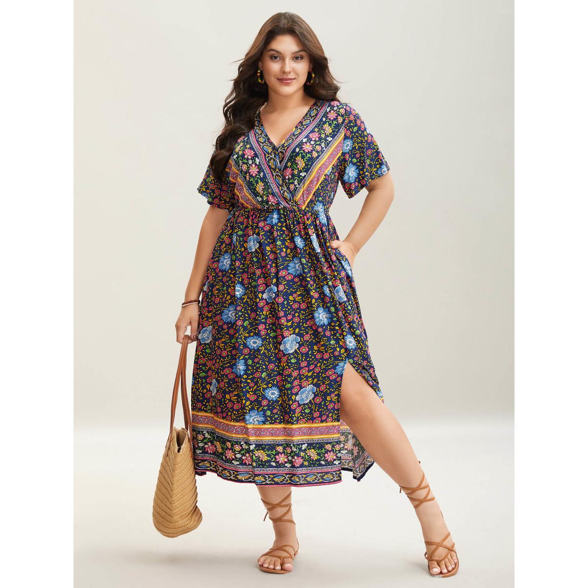 Plus Size Rayon Floral Print Stretchy Waist Midi Dress Indigo Women Slit Overlap Collar Short sleeve Curvy BloomChic 22-24/3X Product Image