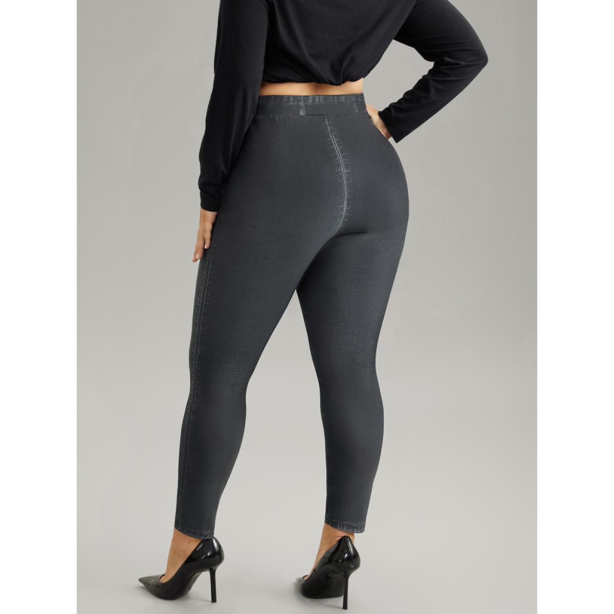 Plus Size Denim Effect Print Pocket Leggings Women Black Casual High stretch Skinny High Rise Dailywear Leggings BloomChic 28/5X Product Image