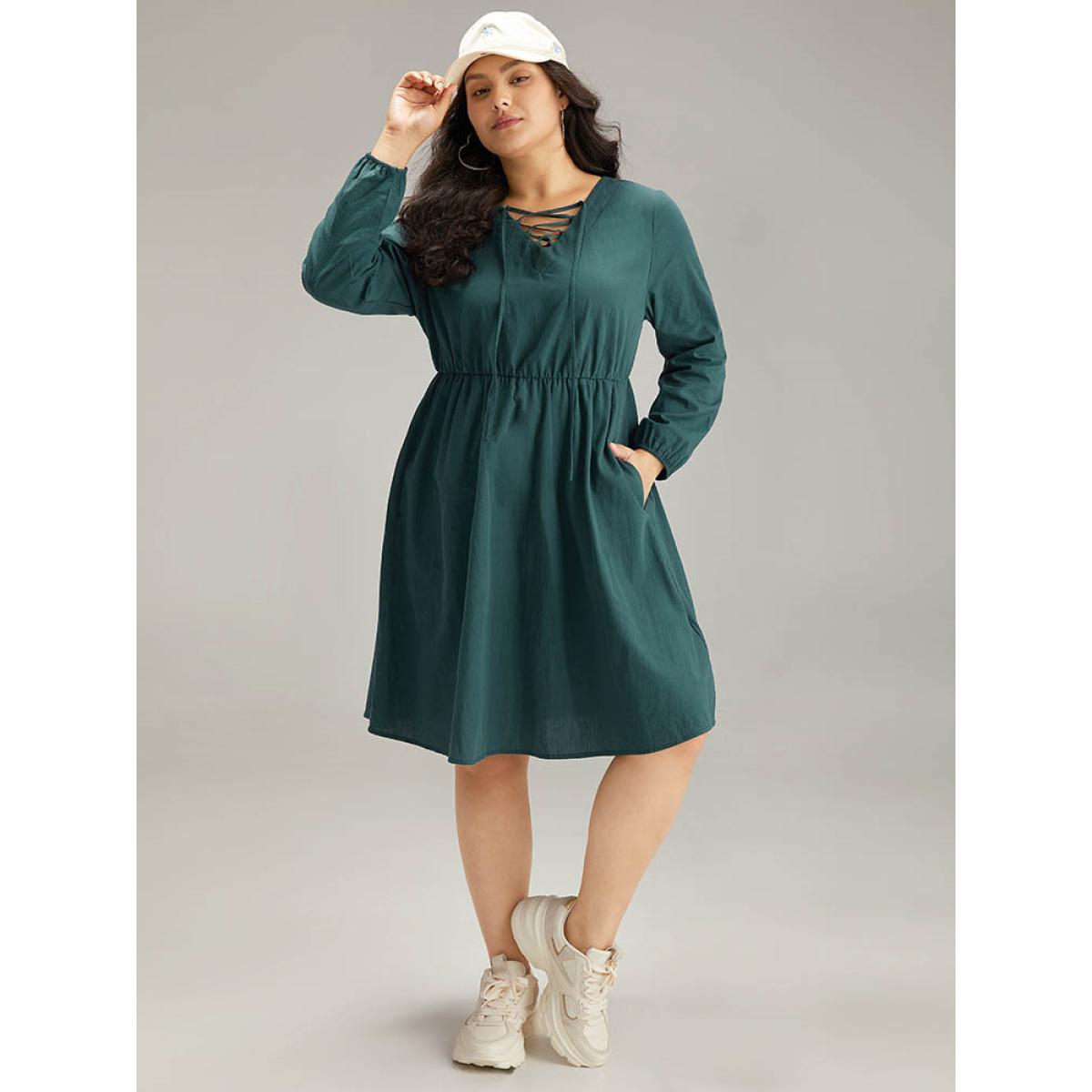 Plus Size Cotton Solid Lace Up Elastic Waist Dress DarkGreen Women Casual Elastic cuffs Tie Neck Long Sleeve Curvy Midi Dress BloomChic 18-20/2X Product Image