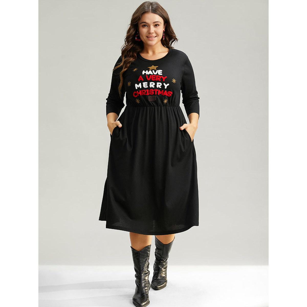 Plus Size Christmas Embroidered Star Elastic Waist Dress Black Women Casual Embroidered Round Neck Elbow-length sleeve Curvy Midi Dress BloomChic 30/6X Product Image