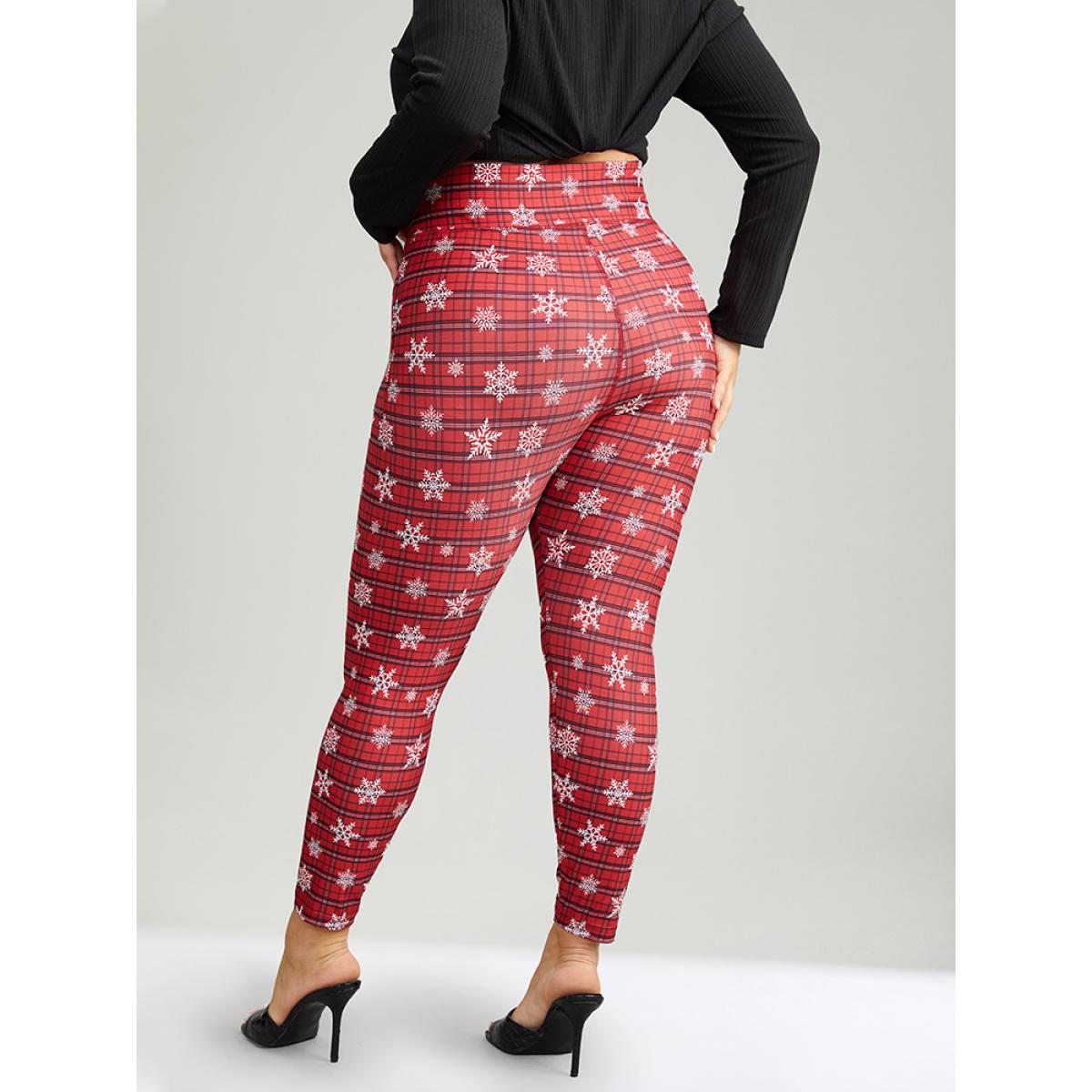 Plus Size Plaid & Snow Print Pocket Skinny Ankle Leggings Women Scarlet Casual Medium stretch Skinny High Rise Festival-Christmas Leggings BloomChic 18-20/2X Product Image
