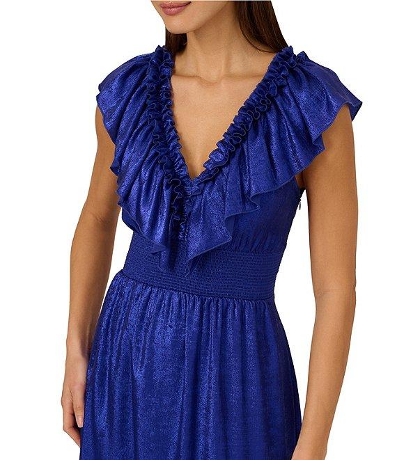 Adrianna by Adrianna Papell Foiled Chiffon V-Neck Cap Sleeve Ruffle A-Line Midi Dress Product Image