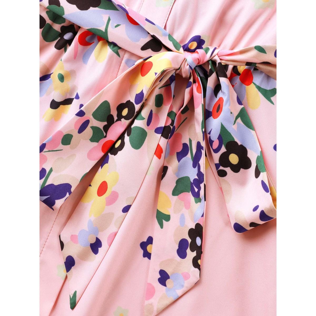 Plus Size Floral Print Elastic Cuffs Belted Midi Dress Crepe Women Flat collar with V-notch Short sleeve Curvy BloomChic 12/L Product Image