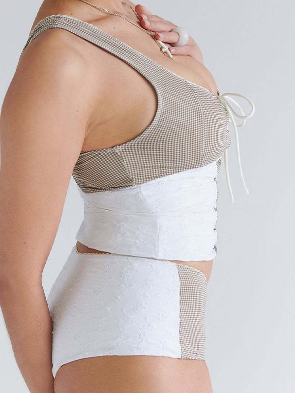 Vintage Plaid Splice Lace Up Tank Top Product Image