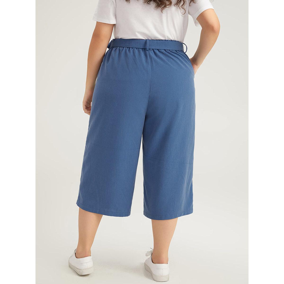 Plus Size Plain Belted Buckle Detail Cropped Pants Women DarkBlue Casual Straight Leg High Rise Dailywear Pants BloomChic 12/L Product Image