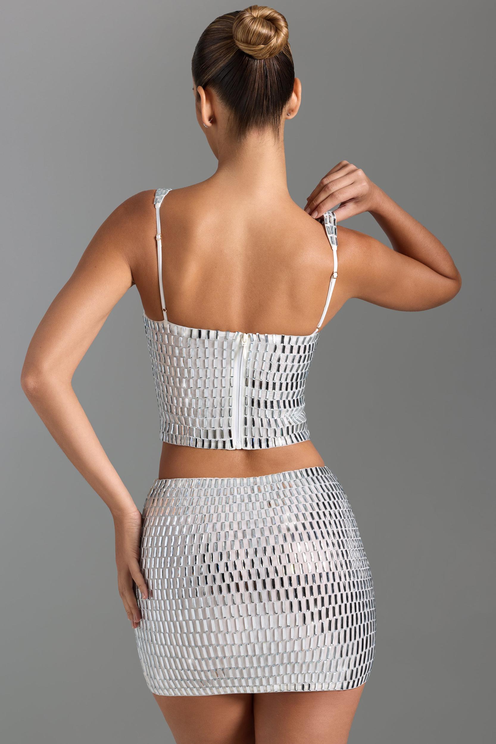 Embellished Low-Rise Micro Mini Skirt in White Product Image