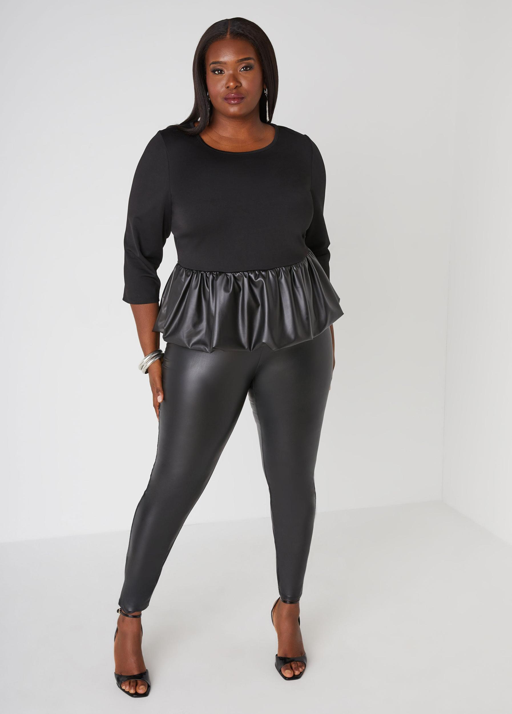 Plus Size Faux Leather Paneled Bubble Top Ashley Stewart Product Image