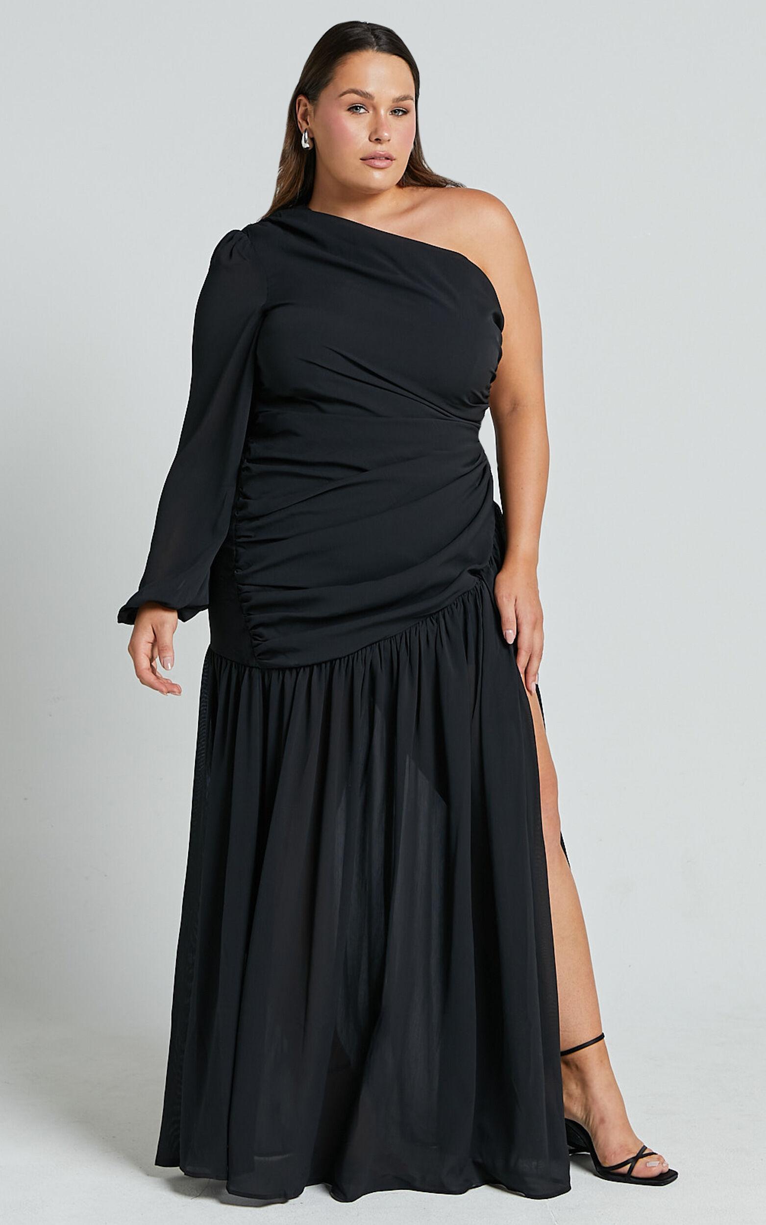 Grittah Midi Dress - One Shoulder Bishop Sleeve High Split Ruched Dress in Black Product Image