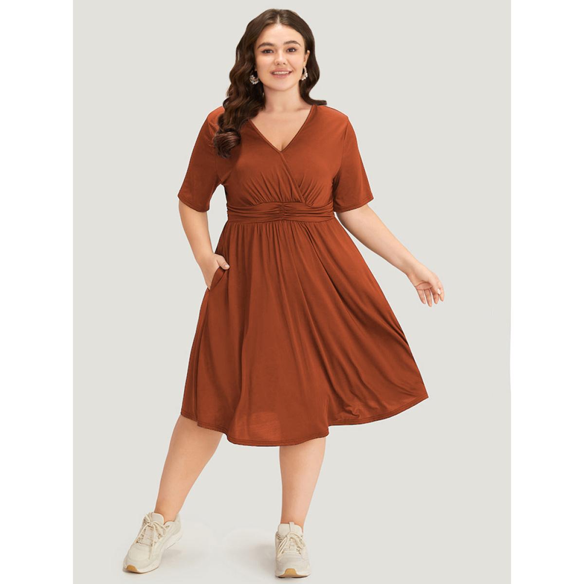Plus Size Supersoft Essentials Solid Surplice Neck Ruched Front Dress Rust Women Casual Wrap V-neck Short sleeve Curvy Midi Dress BloomChic 18-20/2X Product Image