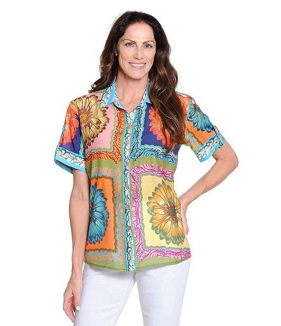 Tru Luxe Jeans Point Collar Short Sleeve Crinkle Print Shirt Product Image