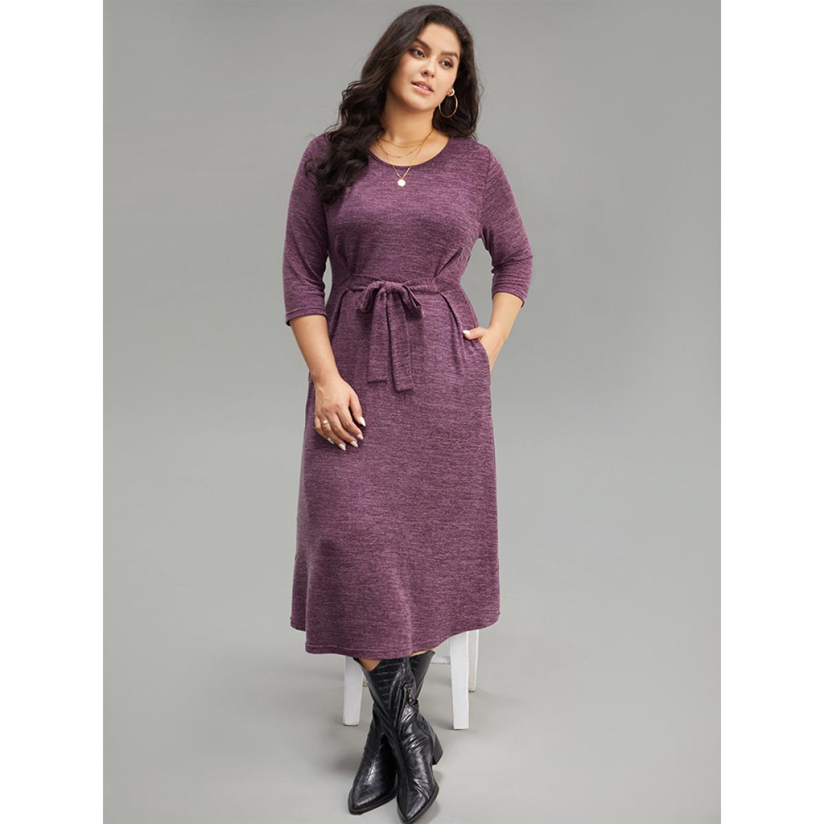 Plus Size Solid Heather Ties Pocket Dress RedViolet Women Casual Plain Round Neck Elbow-length sleeve Curvy Midi Dress BloomChic 30/6X Product Image