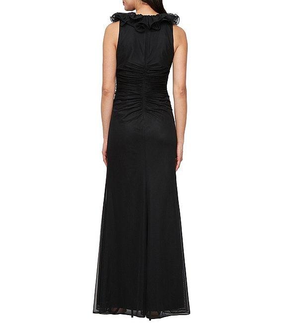 Alex Evenings Ruffled V-Neck Ruffle Sleeveless Ruched Mesh Mermaid Gown Product Image