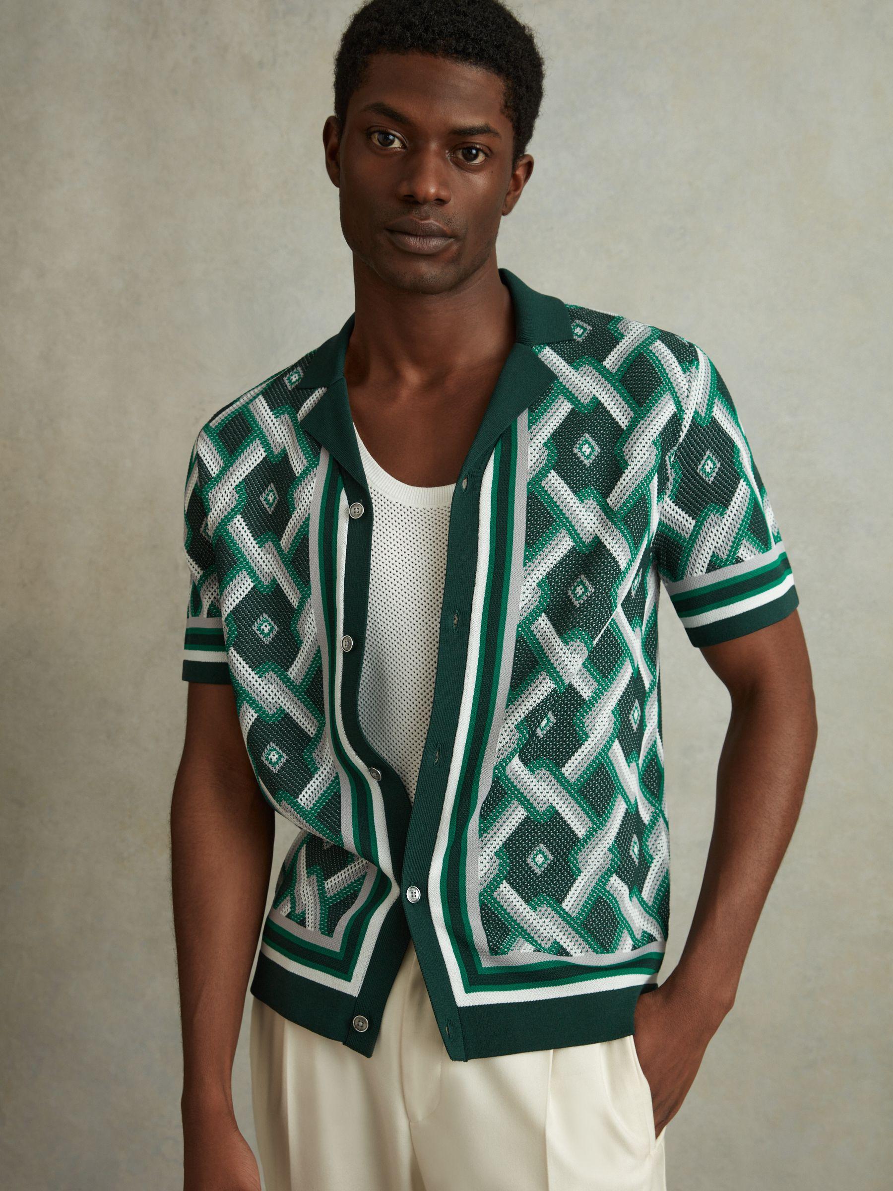 Knitted Cuban Collar Shirt in Green Multi Product Image