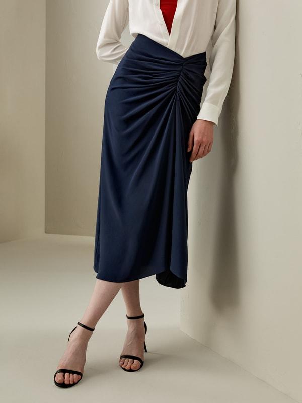 Tucked Drape Silk Midi Skirt Product Image