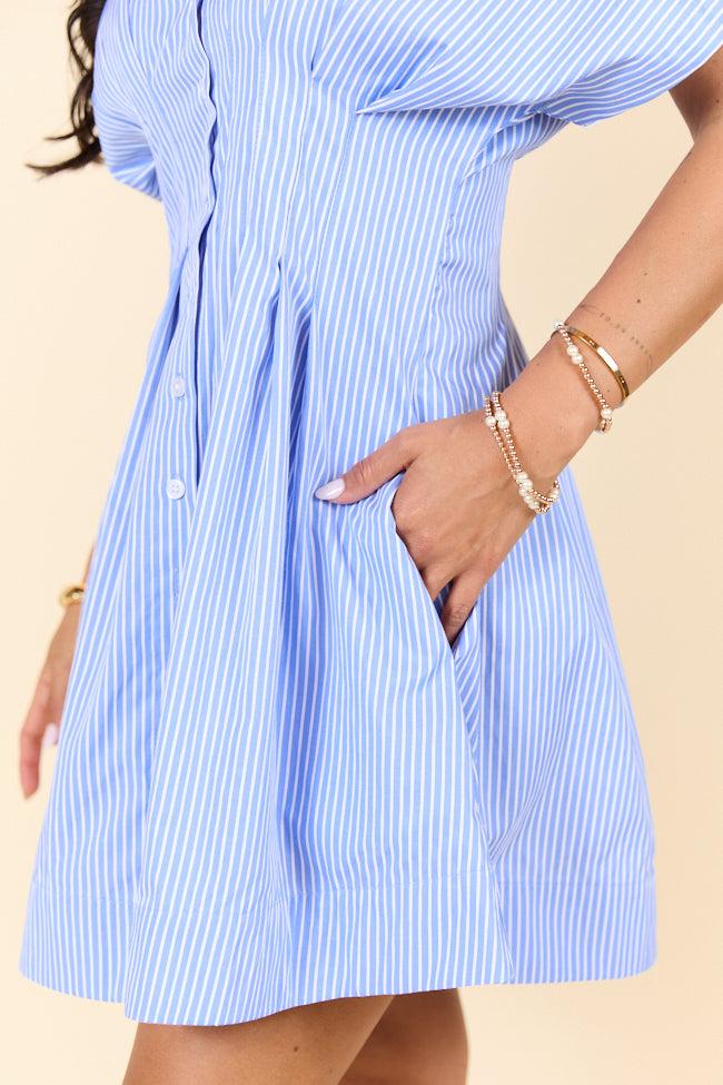 Meet Me In Athens Blue Stripe Cinched Waist Mini Dress FINAL SALE Product Image