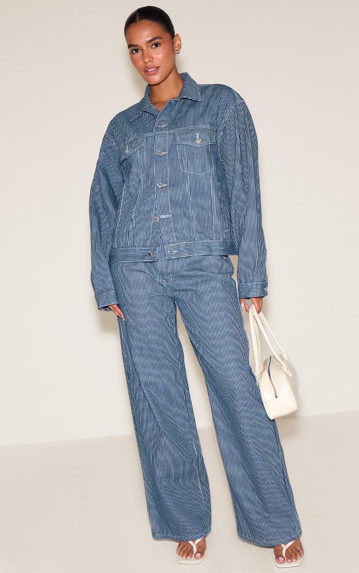  Dark Blue Striped Classic Denim Jacket Product Image