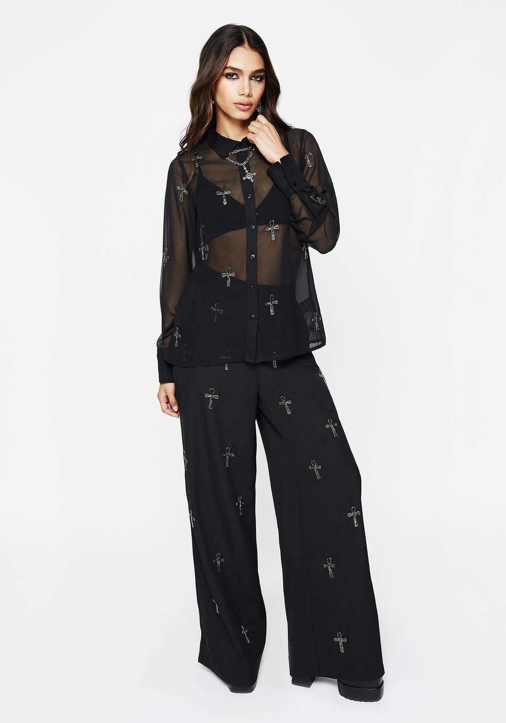 Ankh Beaded Chiffon Button Up Shirt Product Image