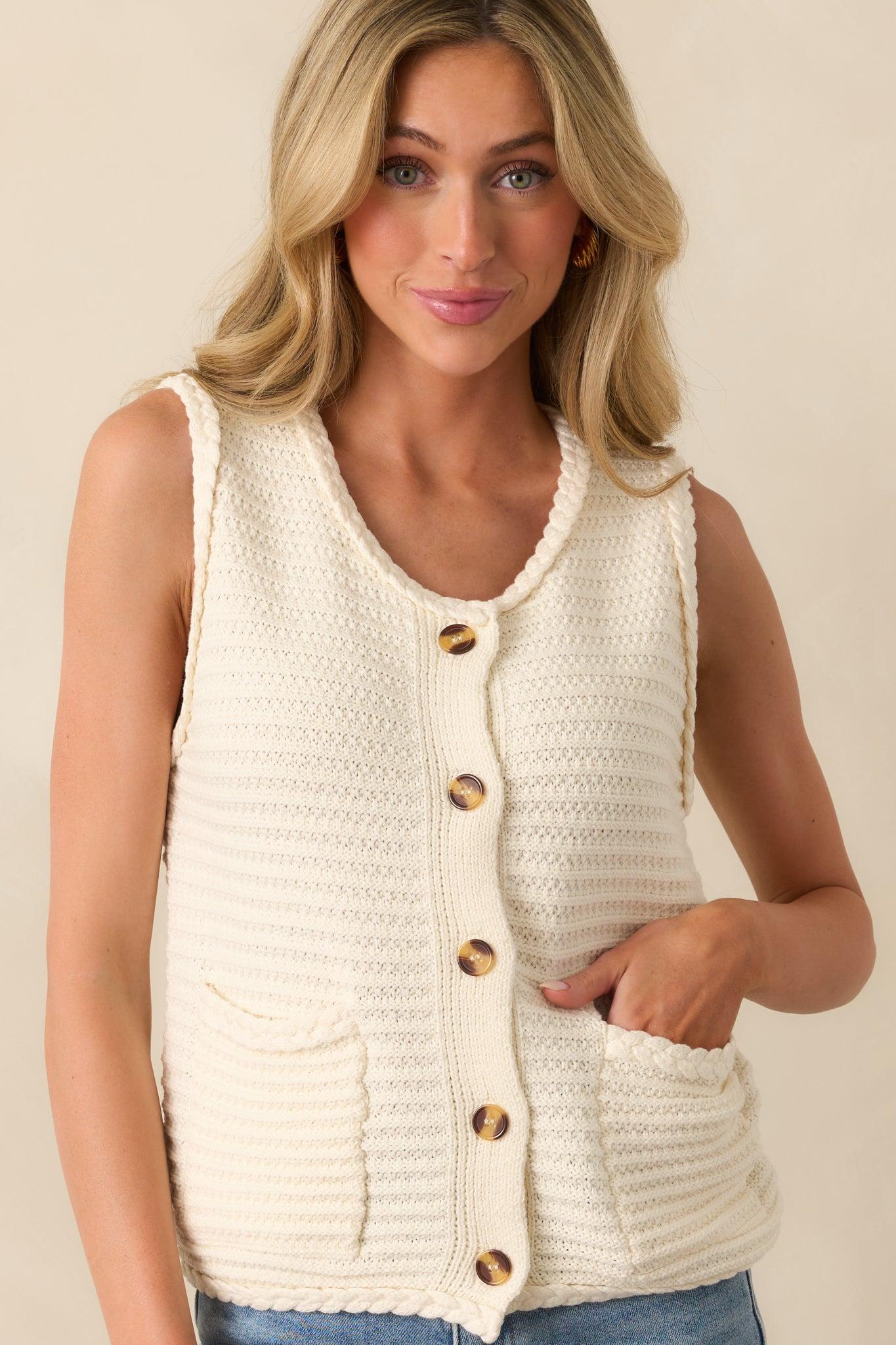 Onward And Upward Ivory Cotton Button Front Sweater Vest Product Image