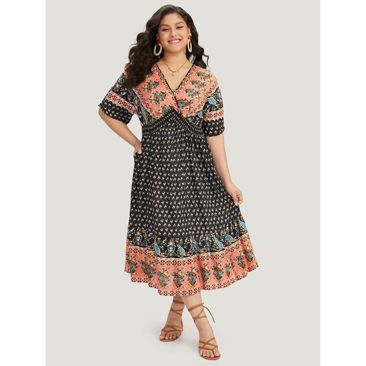 Plus Size Bandana Print Wrap Shirred Batwing Sleeve Dress DarkBlue Women Vacation Printed V-neck Short sleeve Curvy Midi Dress BloomChic 10/M Product Image