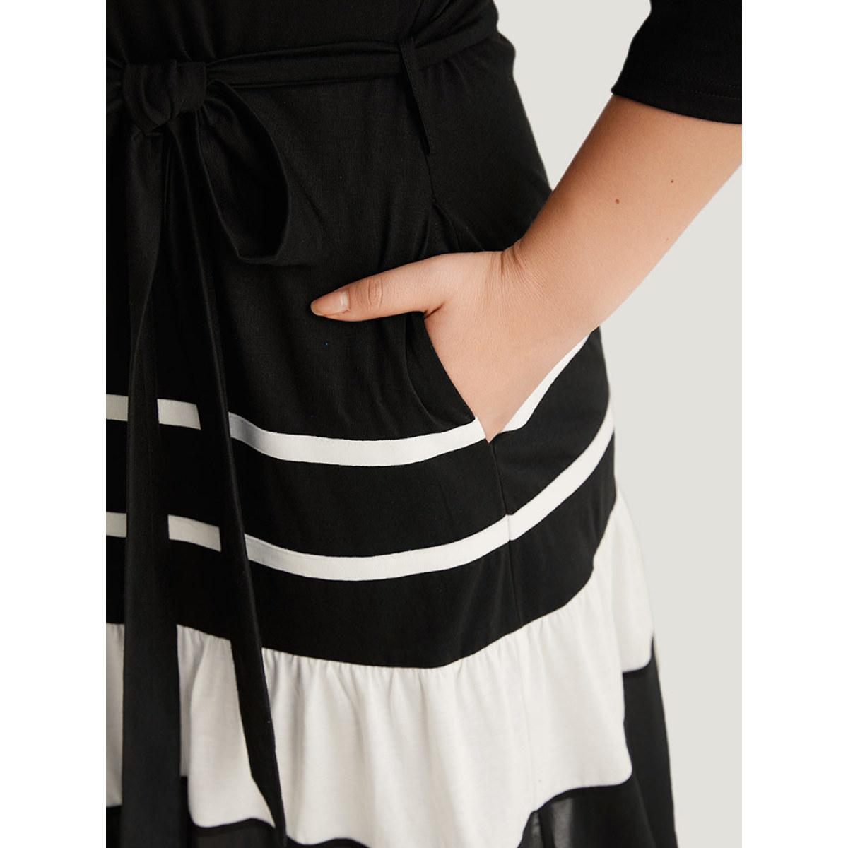 Plus Size Colorblock Contrast Belted Ruffle Layered Hem Dress Black Women Casual See through Round Neck Elbow-length sleeve Curvy Midi Dress BloomChic 28/5X Product Image