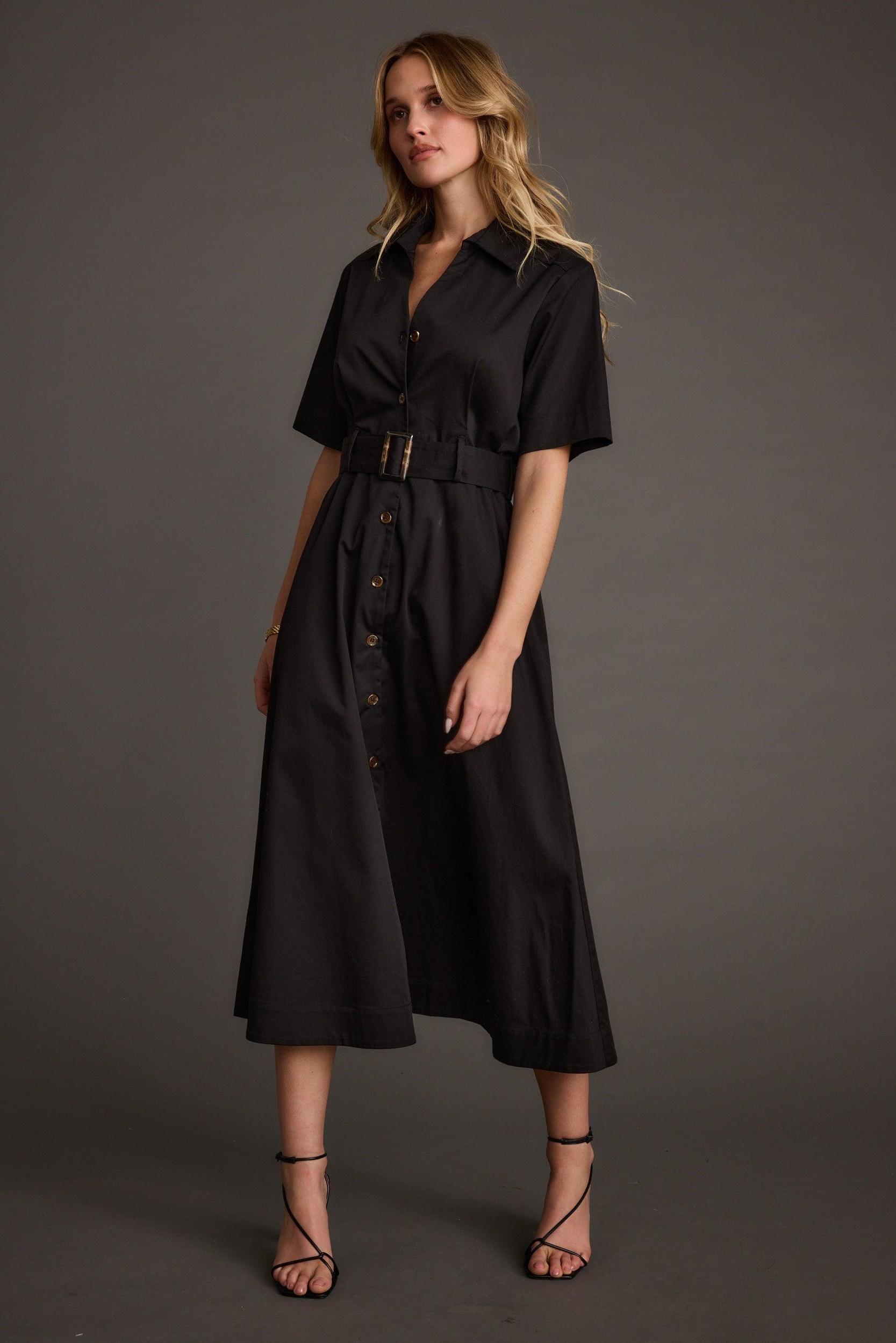 Leena Black Button Front Belted Midi Dress Product Image