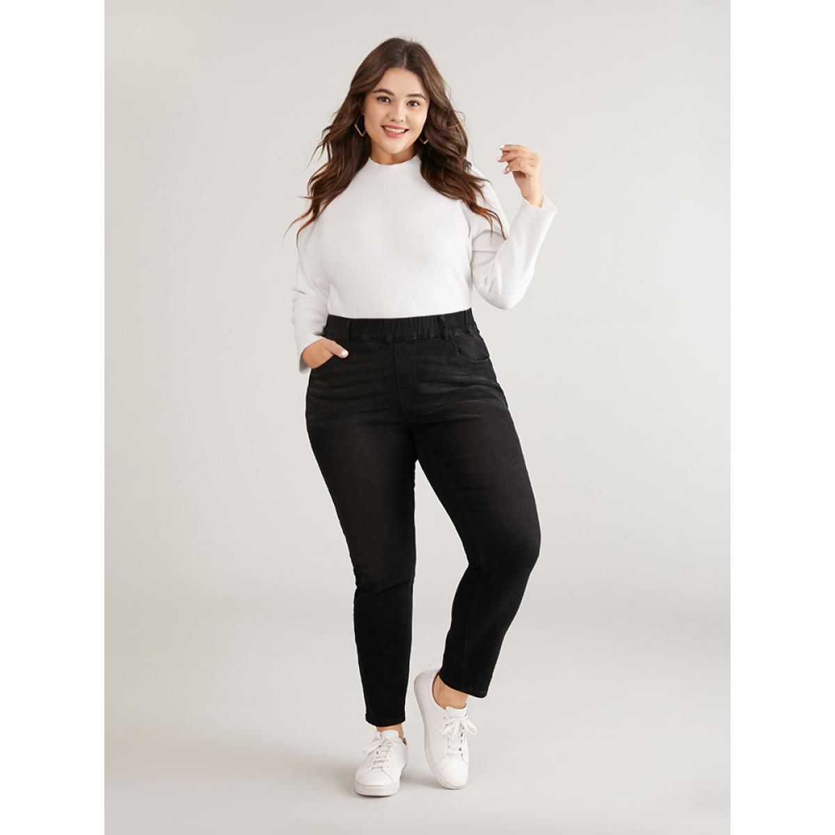 Plus Size Black Wash Elastic Waist Skinny Jeans Women DimGray Casual Plain Plain High stretch Pocket Jeans BloomChic 12/L Product Image