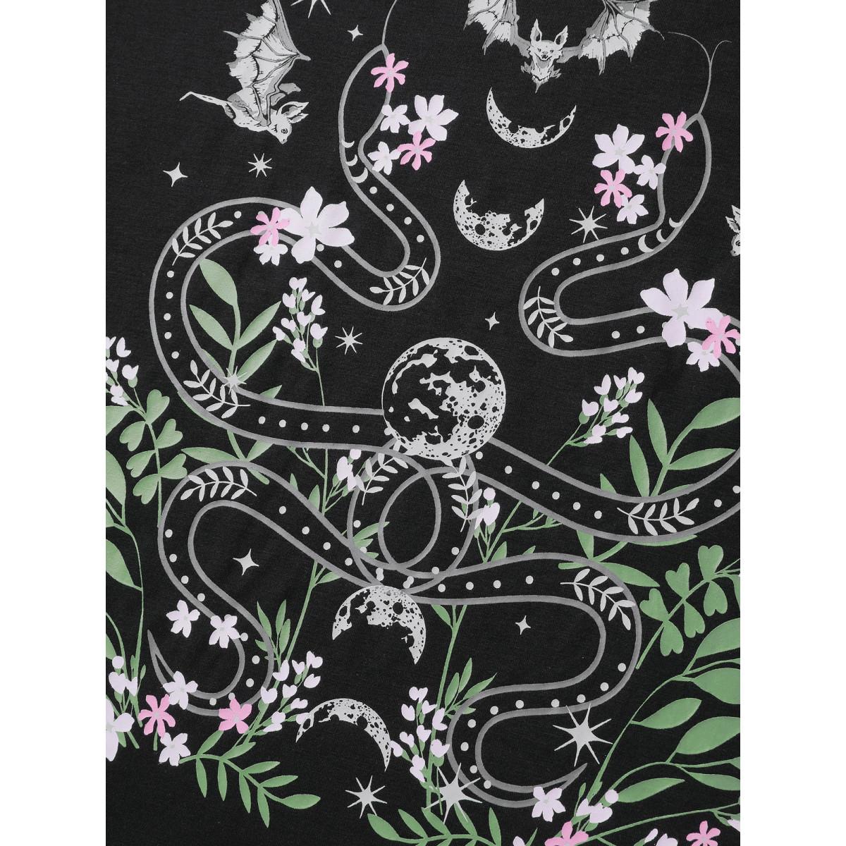 Plus Size Midnight Garden Sheer Lace Trim T-Shirt Black Women Leisure See through Graphic-Halloween Round Neck Casual T-shirts BloomChic 14-16/1X Product Image