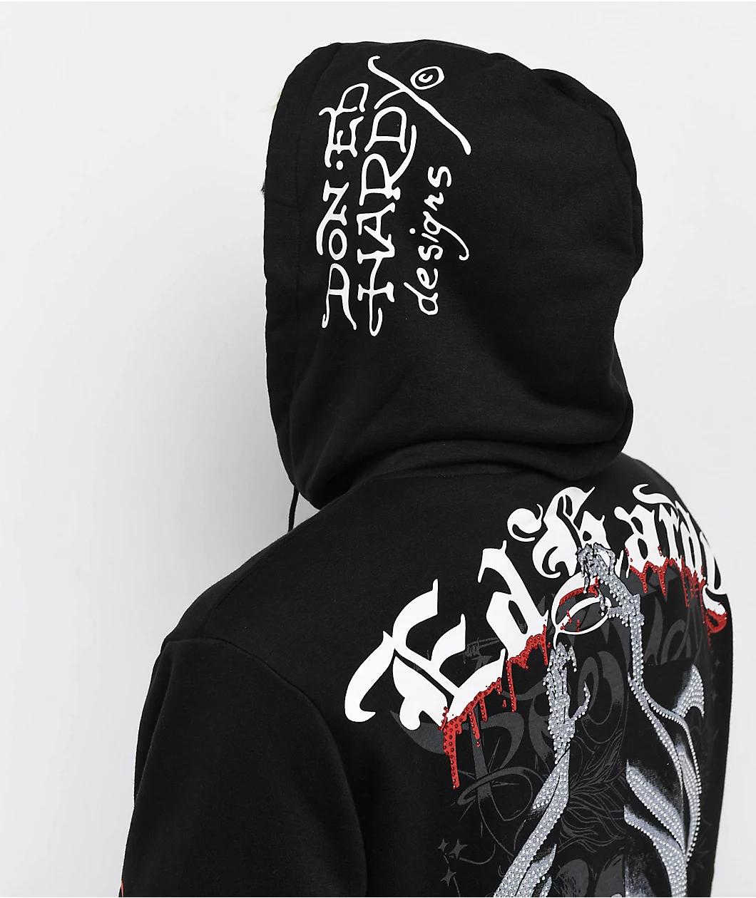 Ed Hardy x Broken Promises Deaths Shadow Rhinestone Black Zip Hoodie Product Image