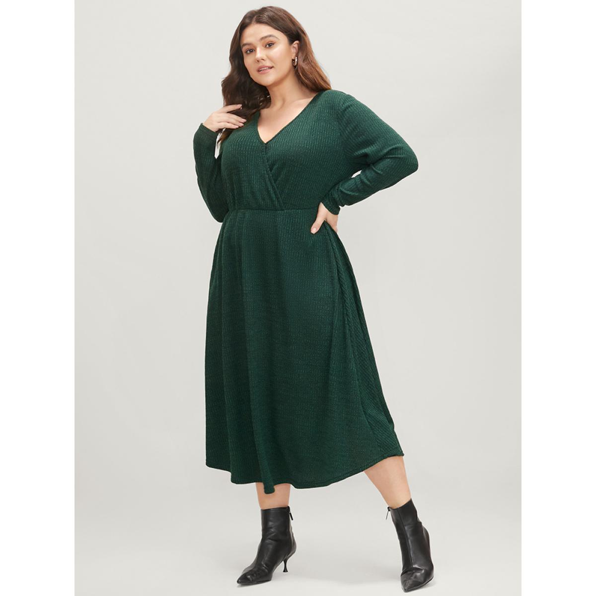 Plus Size Solid Pocket Surplice Neck Rib Knit Marled Dress DarkGreen Women Elegant V-neck Long Sleeve Curvy Midi Dress BloomChic 28/5X Product Image