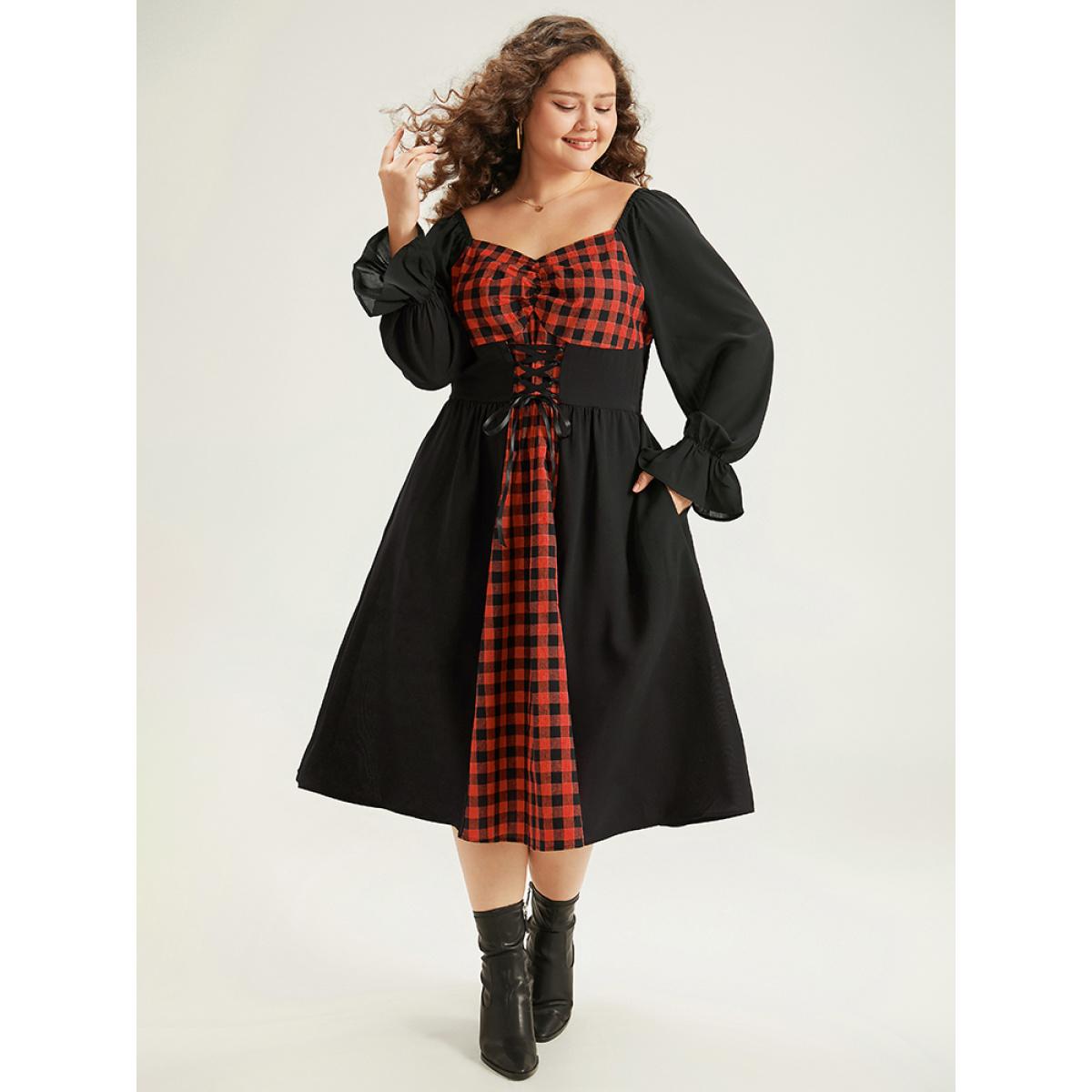 Plus Size Halloween Gingham Patchwork Ruched Ties Dress Scarlet Women Casual Cross straps Square Neck Long Sleeve Curvy Midi Dress BloomChic 12/L Product Image