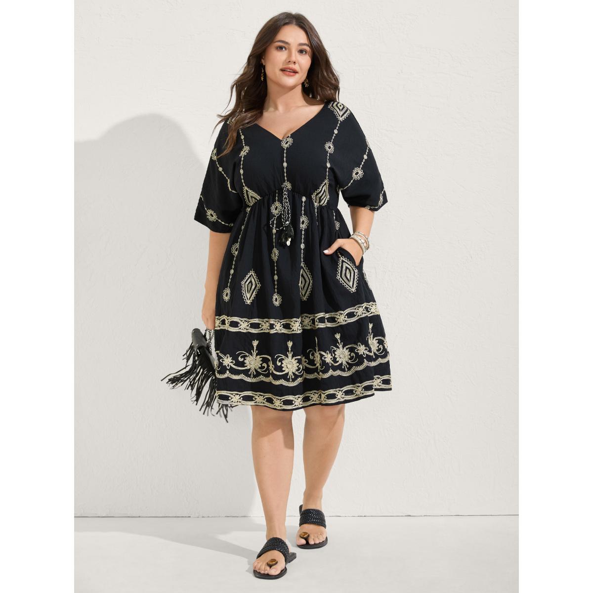 Plus Size Boho Embroidered Waist Tie Midi Dress Black Women V-neck Sleeveless Curvy BloomChic 28/5X Product Image