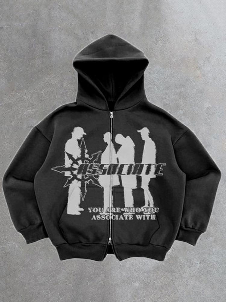 Vintage Associate Shadow Graphic Street Hip Hop Zip Up Hoodie Product Image