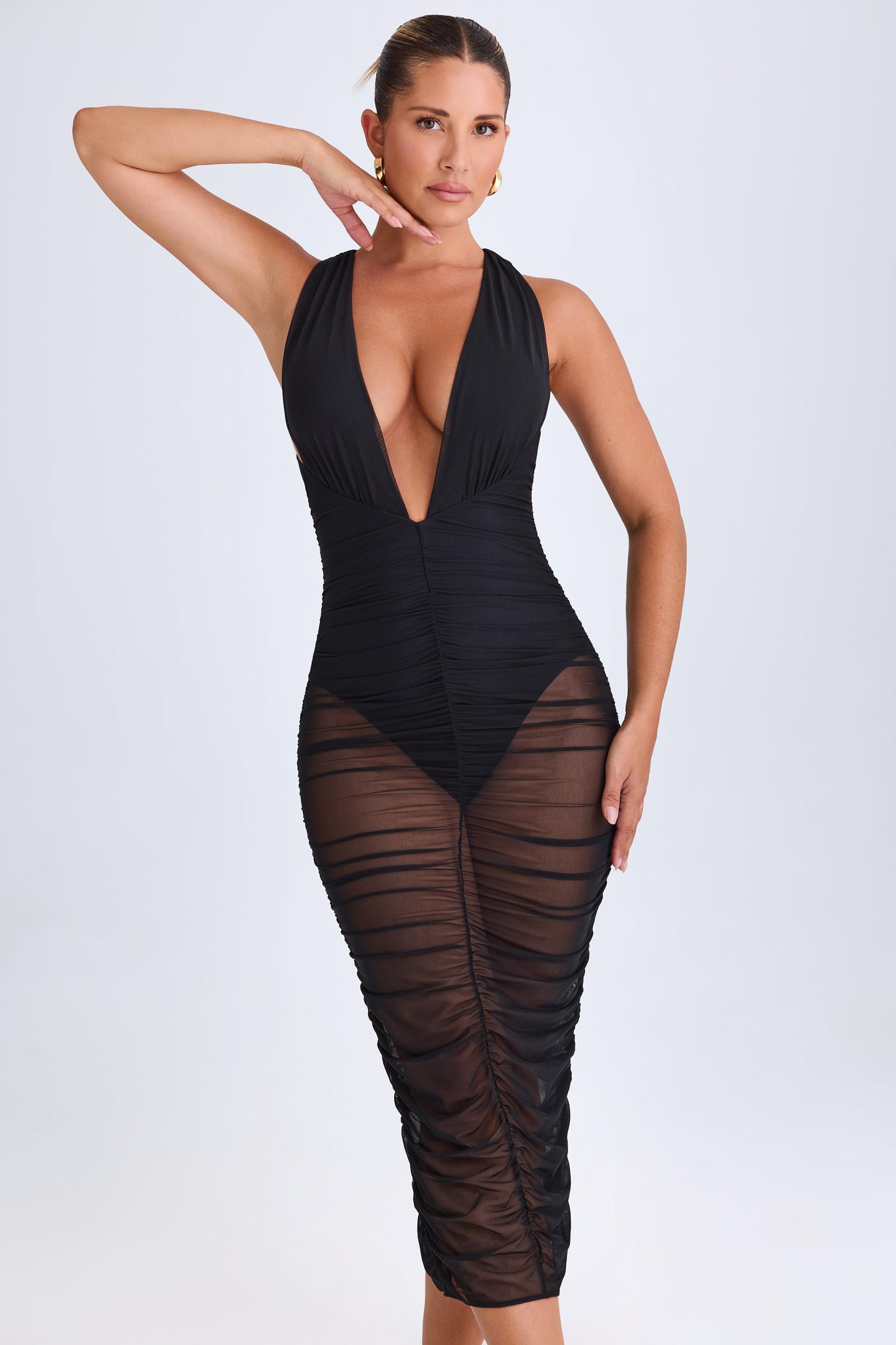 Ruched Plunge Midaxi Dress in Black Product Image