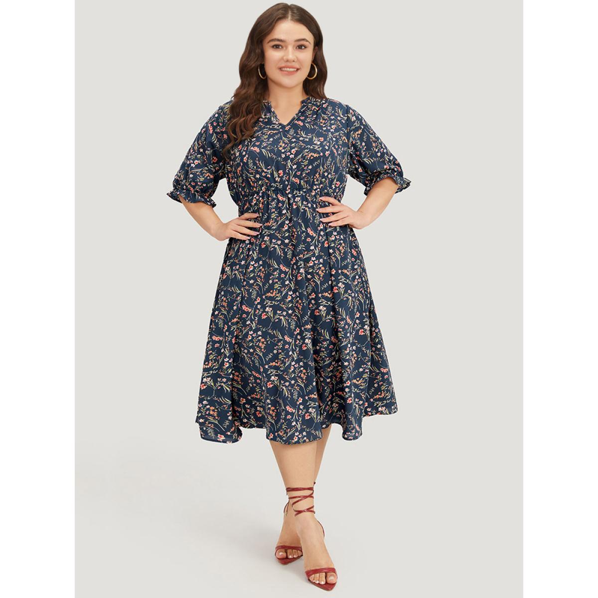 Plus Size Ditsy Floral Notched Flutter Trim Elastic Waist Dress DarkBlue Women Elegant Printed Notched collar Half Sleeve Curvy Midi Dress BloomChic 12/L Product Image