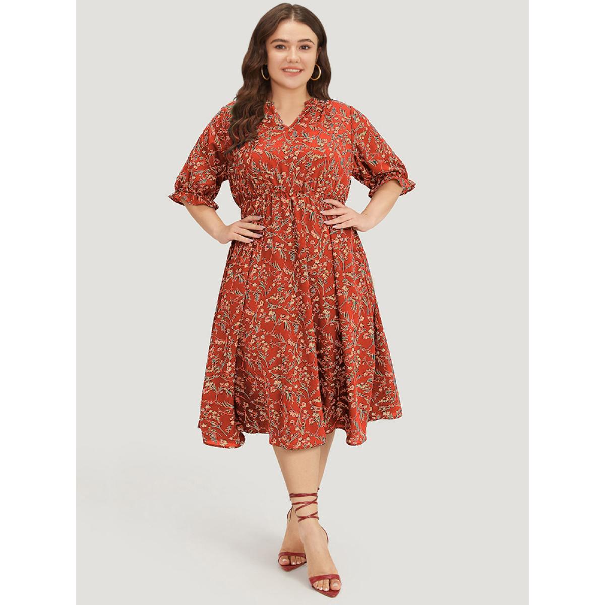 Plus Size Ditsy Floral Notched Flutter Trim Elastic Waist Dress Crimson Women Elegant Printed Notched collar Half Sleeve Curvy Midi Dress BloomChic 26/4X Product Image