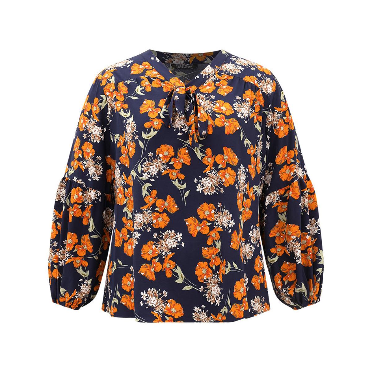 Plus Size Indigo Floral Print Bowknot Ties Lantern Sleeve Blouse Women Elegant Long Sleeve V-neck Dailywear Blouses BloomChic 14-16/1X Product Image