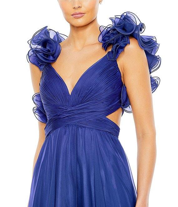 Ieena Mac Duggal Chiffon V-Neck Sleeveless Cut-Out Strappy Back Detail Tiered Ruffle Hem Gown Product Image
