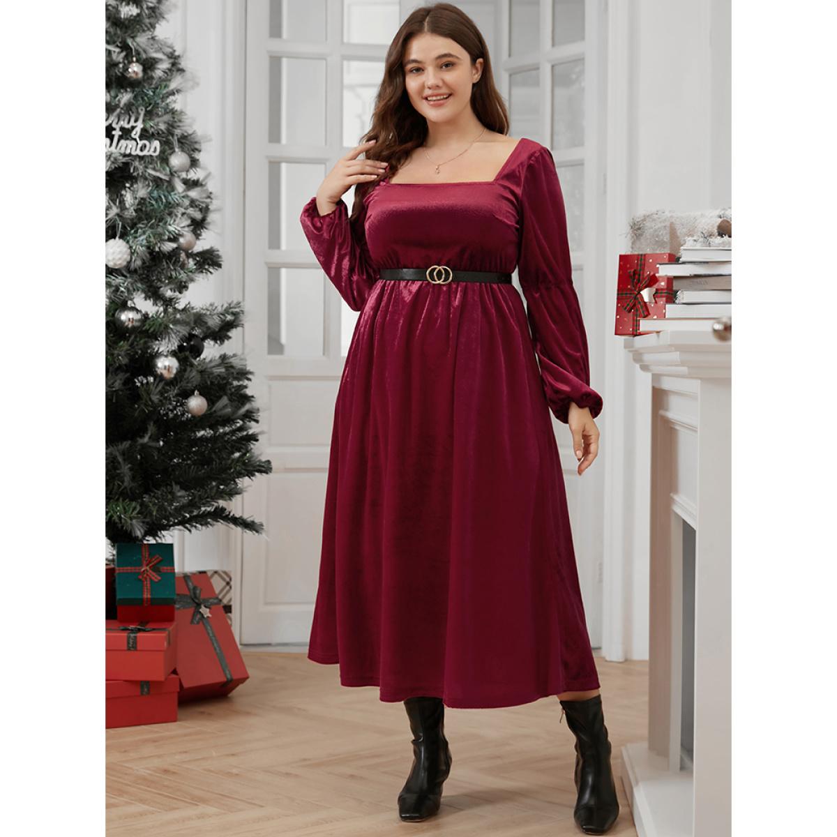 Plus Size Solid Square Neck Pocket Lantern Sleeve Velvet Dress Without Belt Scarlet Women Glamour Elastic Waist Square Neck Long Sleeve Curvy Midi Dress BloomChic 22-24/3X Product Image
