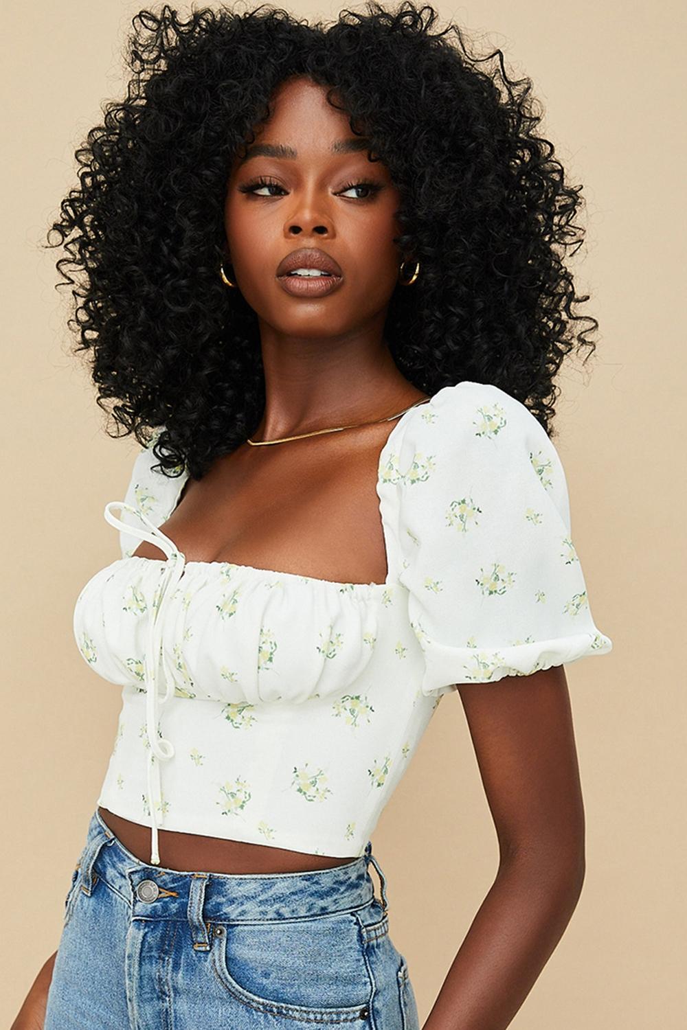 Arianna  ivory floral puff sleeve cropped top Product Image