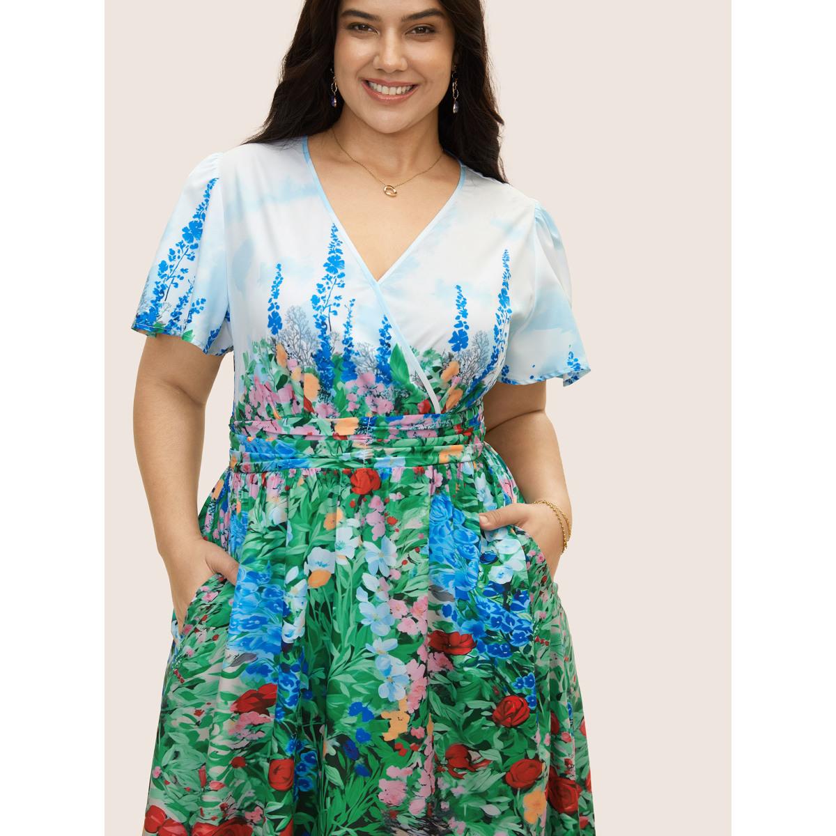 Plus Size Surplice Neck Floral Ruched Midi Dress Multicolor Women Elegant Gathered Overlap Collar Short sleeve Curvy BloomChic 18-20/2X Product Image