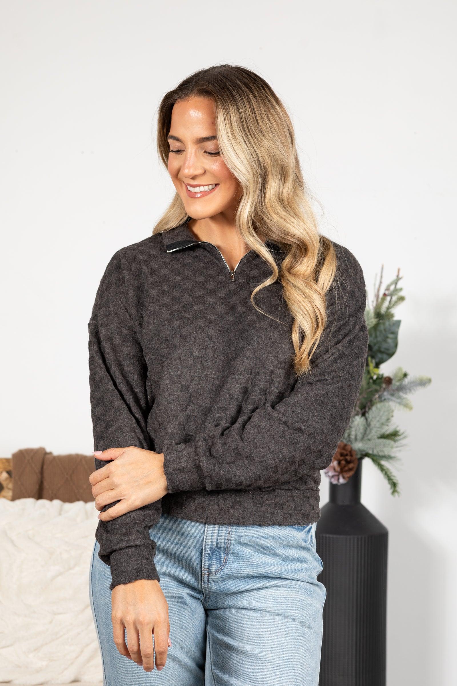 Fuzzy Checkered 1/4 Zip Knit Top Product Image