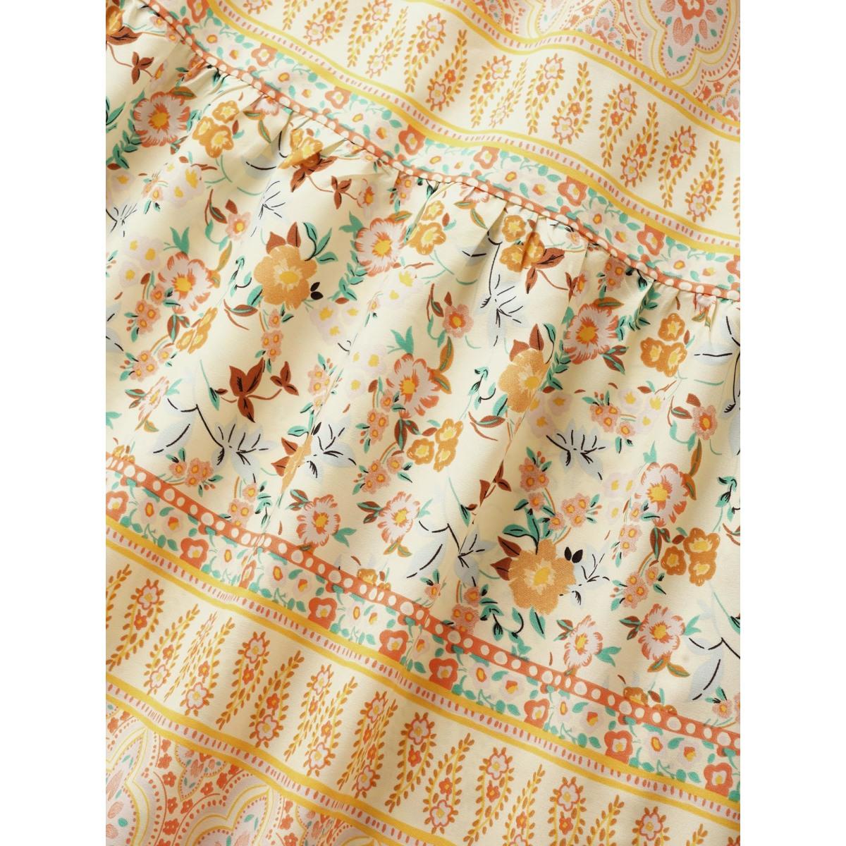 Plus Size Overlap Collar Boho Print Ruffle Sleeve Dress Lightyellow Women Resort Ruffles Overlap Collar Short sleeve Curvy BloomChic 10/M Product Image