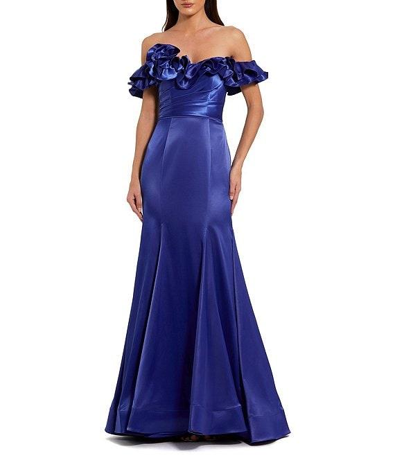 Mac Duggal Satin Off The Shoulder Ruffle 3D Flower Flutter Sleeve Pleated Mermaid Gown Product Image