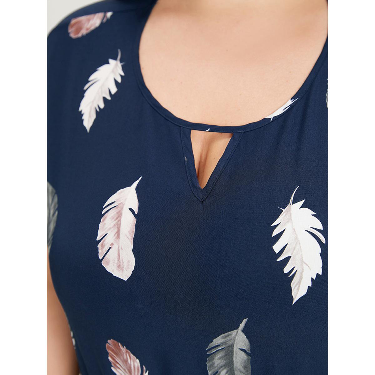 Plus Size Feather Print Keyhole Batwing Sleeve Bodysuit Women DarkBlue Feather Printed Bodysuits BloomChic 12/L Product Image