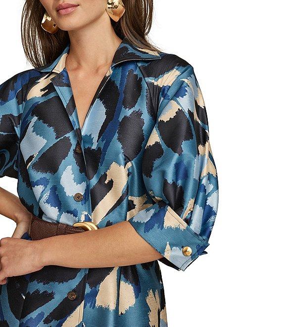 Donna Karan Collared Puff Elbow Sleeve Belted Dupioni A-Line Midi Dress Product Image