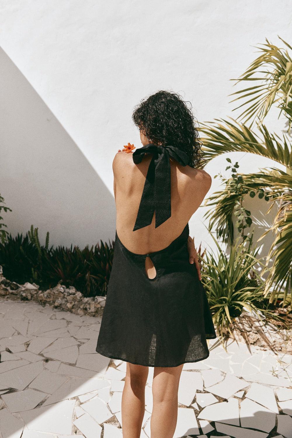 Natassia Linen Halter Mini Dress Black Product Image